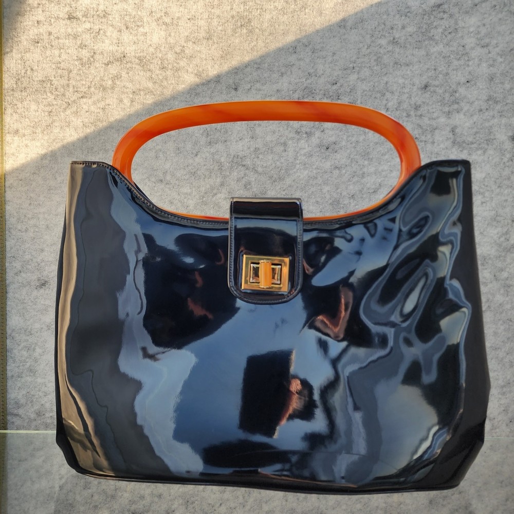 Vintage - Ingber - glossy black purse with orange tortoise shell handle